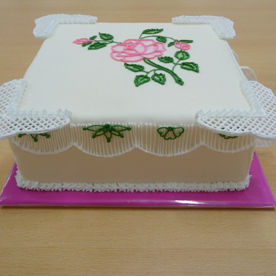 Square Cake With Rose & Filigree