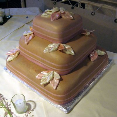 Square Wedding Cake With Ribbon & Leaves
