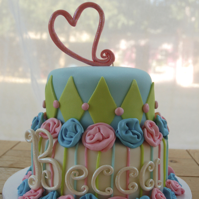 Stripes And Ribbon Roses Birthday Cake