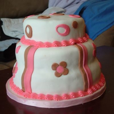 Pink And Brown Flower/polka Dot/striped Cake