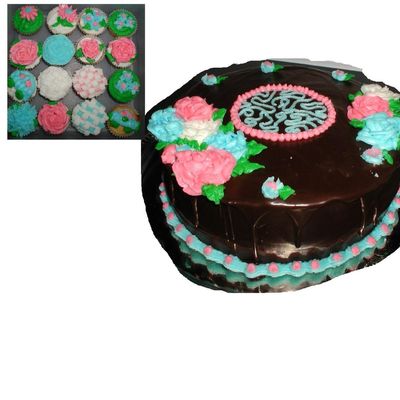 Ganache Covered Cake With Pink Blue And White Rose