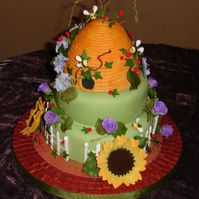 Bee Hive Cake With A Fence, Flowers, Bees,