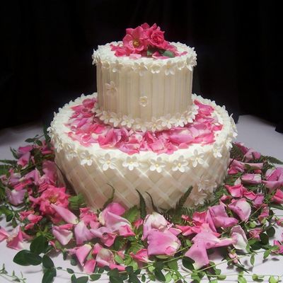 2 Tier Wedding Cake With Roses, Gumpaste Forget Me Nots And Lattice Piping