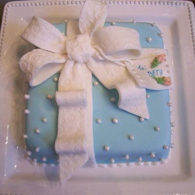 Birthday Present Cake In Tiffany Blue With Bow And Pearls.