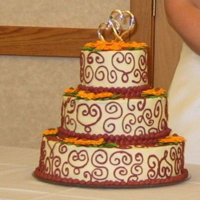 My First Wedding Cake! Bc Chocolate Scrolls. Royal Icing Sunflowers