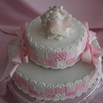 The Baby Is On A Cupcake Cakes Are 10 And 6 In Round Everything Is Fondant Except For The Bows