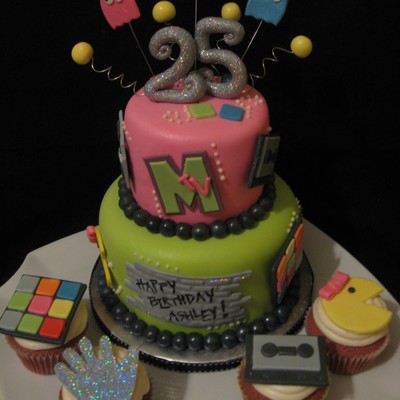 Fun 80's Themed Birthday Cake With Coordinating Cupcakes