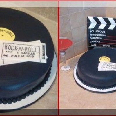 Rock -N- Roll Record Cake With Concert Tickets With The Couples Name & Wedding Date On It & Yellow Roses Wedding Cake