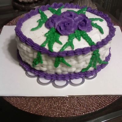 Purple & White Basketweave & Rose Cake