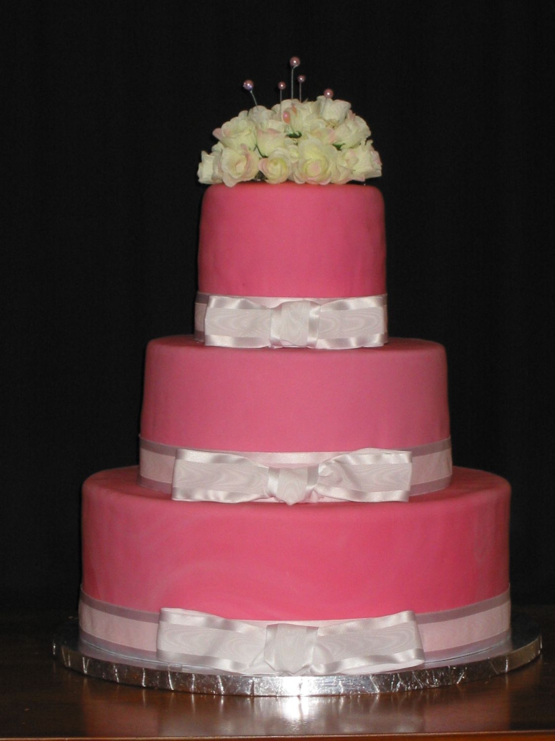 Pink Wedding Cake W/ Roses And Ribbom