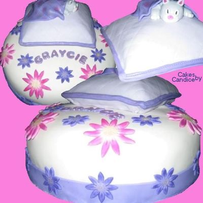 Kitty Cat On Purple Pillow With Fondant Flowers And Luster Dust