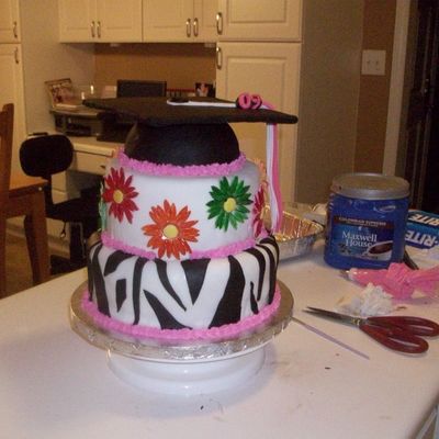 Grad Cake With Cap, Daisies, And Zebra Pattern, First Fondant Cake