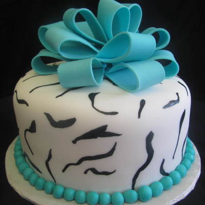 Zebra Fondant Covered Cake With Turquoise Bow