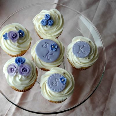 Purple And Lavender Flower And Monogram Cupcakes