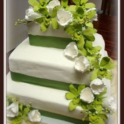 Green Orcihds And Tulips Wedding Cake