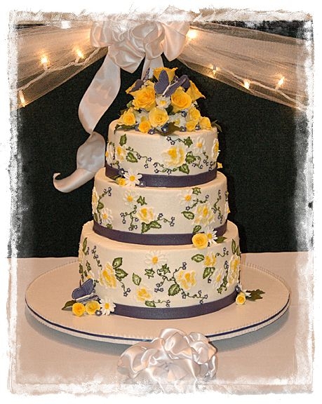 Brush Embroidered Wedding Cake With Roses, Daisies, Forget Me Knots, And Butterflies