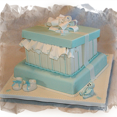 Christening Gift Box Cake With Bear, Bow, Cross, And Booties