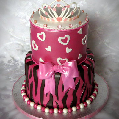 Shimmery Pink And Brown Zebra Striped Cake With Tiara