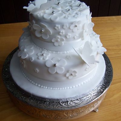 White Butterflies And Blossom Flowers Wedding Cake