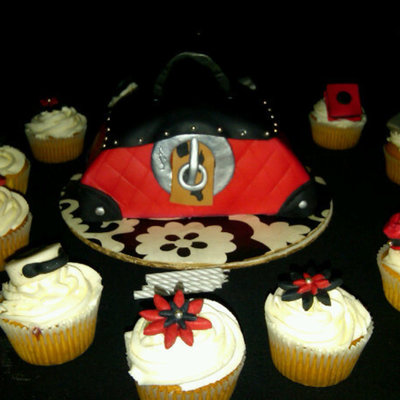 Red Purse Cake And Cupcakes