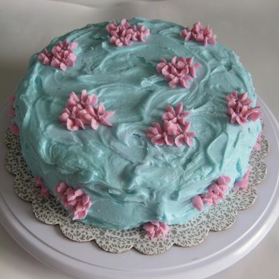 Blue Cake With Pink Flowers