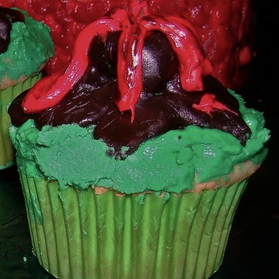 Dinosaur T-Rex Cake And Volcano Cupcakes