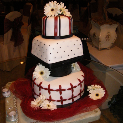 White, Black & Burgundy Wedding Cake