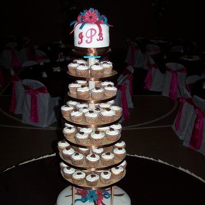 Round Wedding Cup Cake Tower - Brown Teal Pink