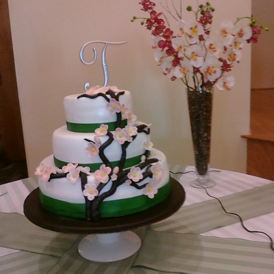 Cherry Blossom Green Ribbon Wedding Cake