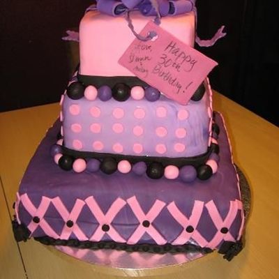 Purple, Pink And Black, 3 Tiered Birthday Cake