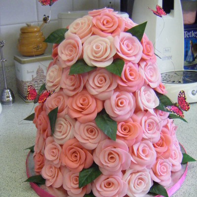 Pink Rose Tower & Butterflies Birthday Cake