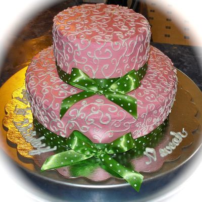 Pink 1St Birthday Cake With Scroll Design & Ribbons