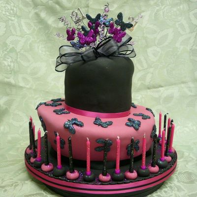 Pink And Black Wonky Cake With Butterflies