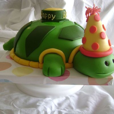 Fondant Green, Yellow, And Red Turtle Birthday Cake