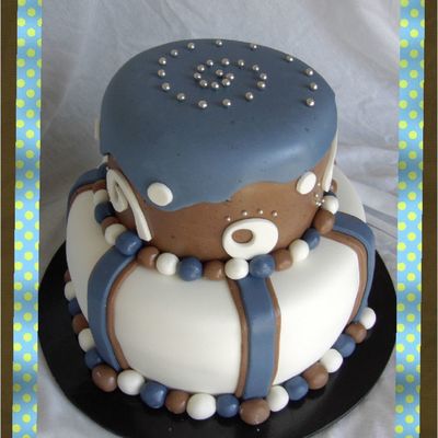 Blue Brown White Boy's Baby Shower Cake W/ Chocolate Fondant.