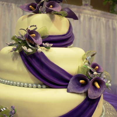 3 Tier White Fondant With Lavander Sash And Calla Lillies