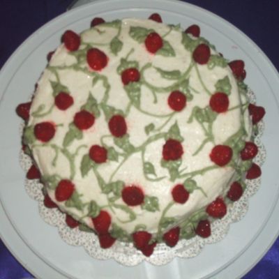 Cake With Raspbery Filling And Fresh Raspberries