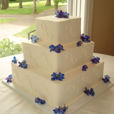 Ivory Square Cake With Blue Delphinium Floral