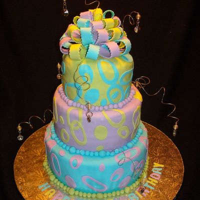 Blue, Purple, Green 3 Tier Birthday Cake