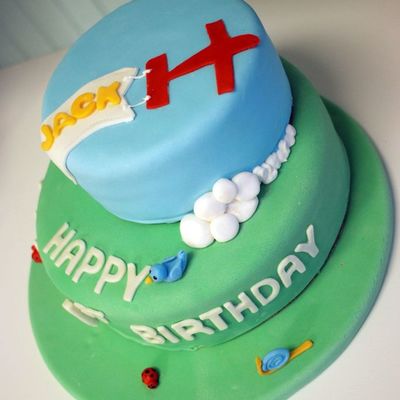 Blue And Green 2 Tier Fondant Birthday Cake