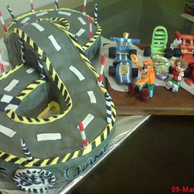 Figure8 Racing Track 8Th Bday Cake With Bridge & Stylised Go-Karts Driven By Video Game Characters & The Birthday Boy