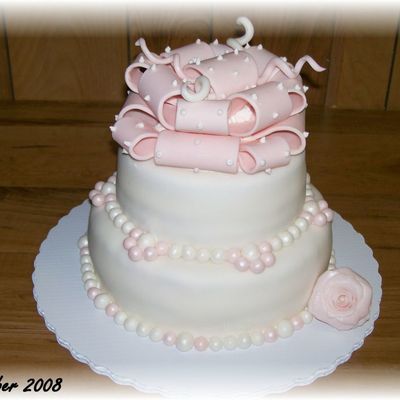 Pink And White Fondant Anniversary Cake