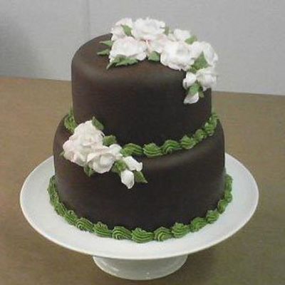 Small Two-Tiered Wedding Cake With Chocolate Fondant And Roses