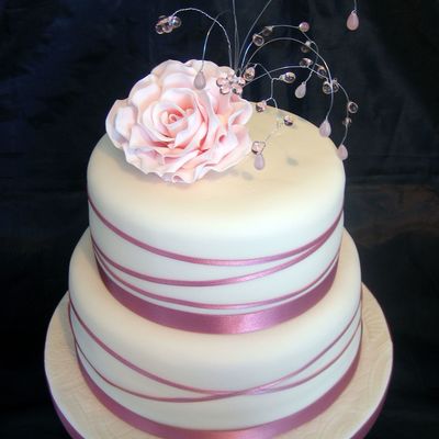 Pink Ribbon And Rose With Bead Topper