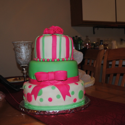Three Tier Hot Pink And Green Cake