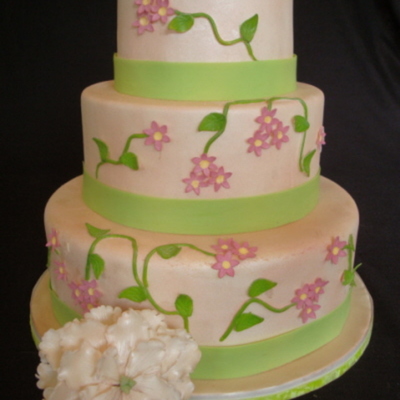Pink And Green Flowers And Vine Cake