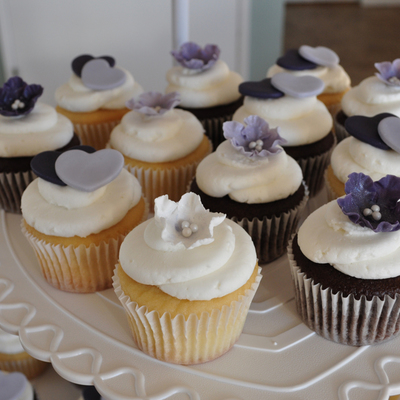 Wedding Cupcakes With Purple Flowers And Hearts