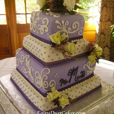 Lavender Swiss Dots And Ivory Scrolls Wedding Cake