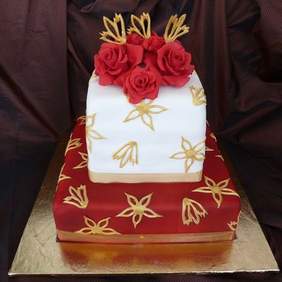 3Tier Red/gold & White Cake