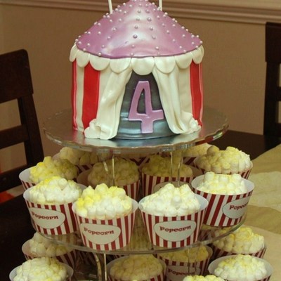 Popcorn Cupcakes And Circus Tent Cake